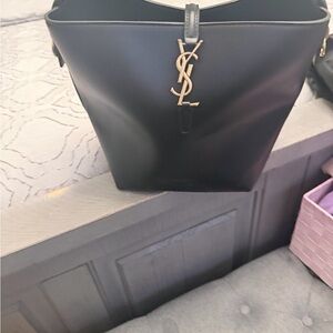Saint Laurent Black Leather Bucket Tote with Gold YSL Emblem